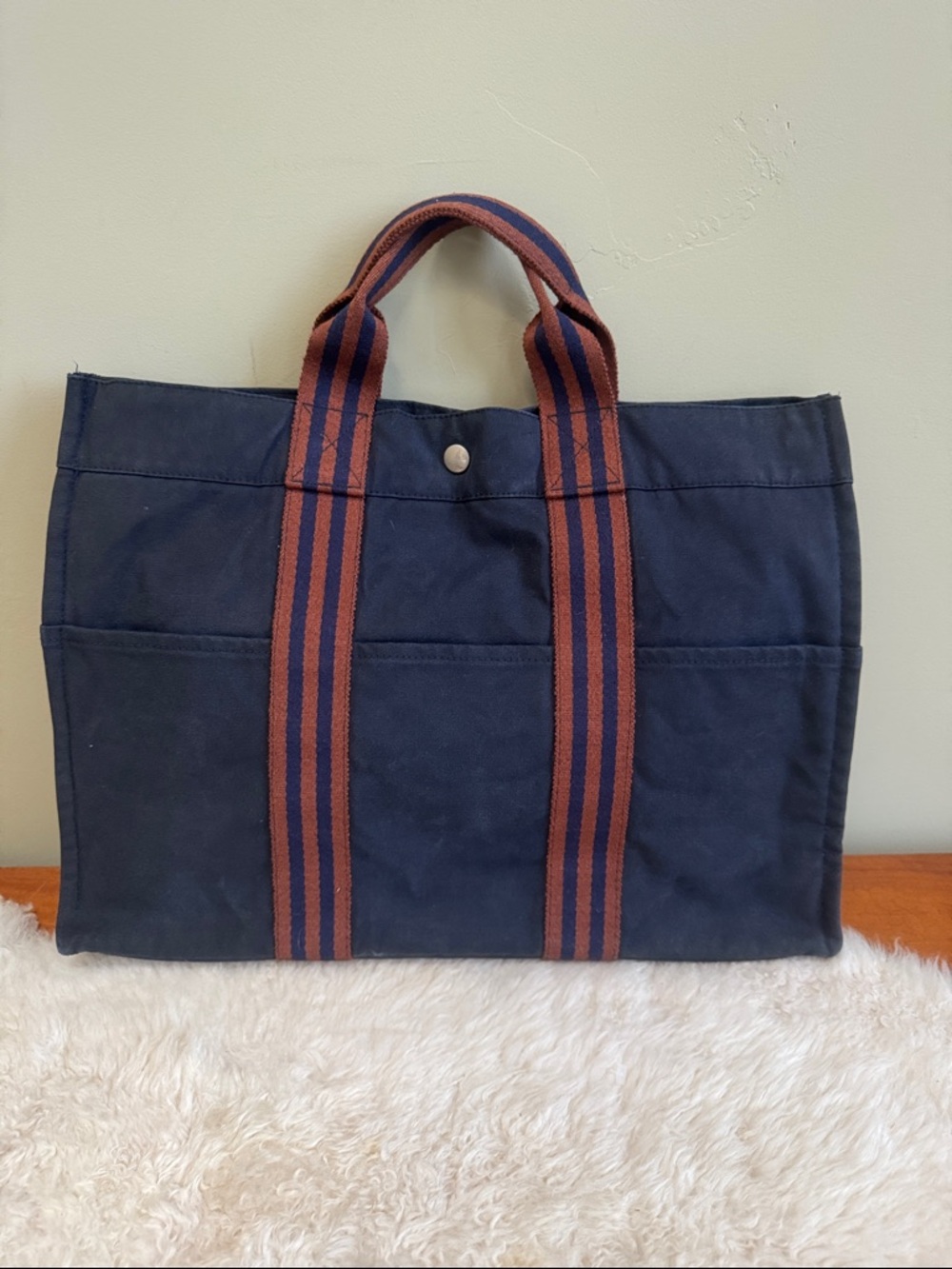 Hermes Fourre Tout MM Navy Stripped canvas Tote